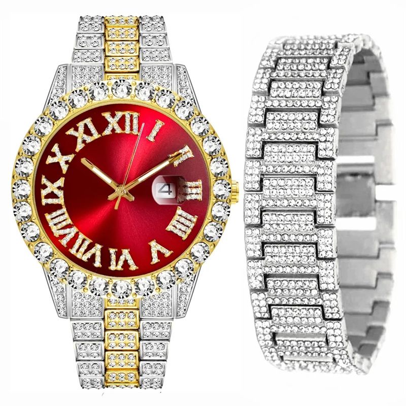 African-inspired Luxury Hip-Hop Men's Watch Set - Diamond-Accented Ice Watch & Cuban Link Bracelet