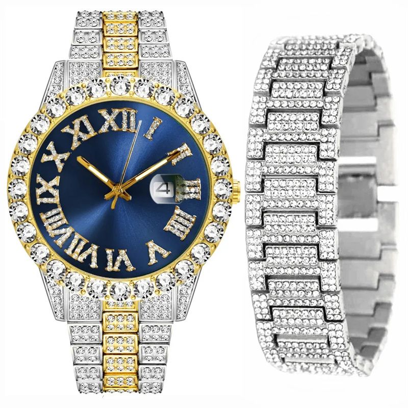 African-inspired Luxury Hip-Hop Men's Watch Set - Diamond-Accented Ice Watch & Cuban Link Bracelet