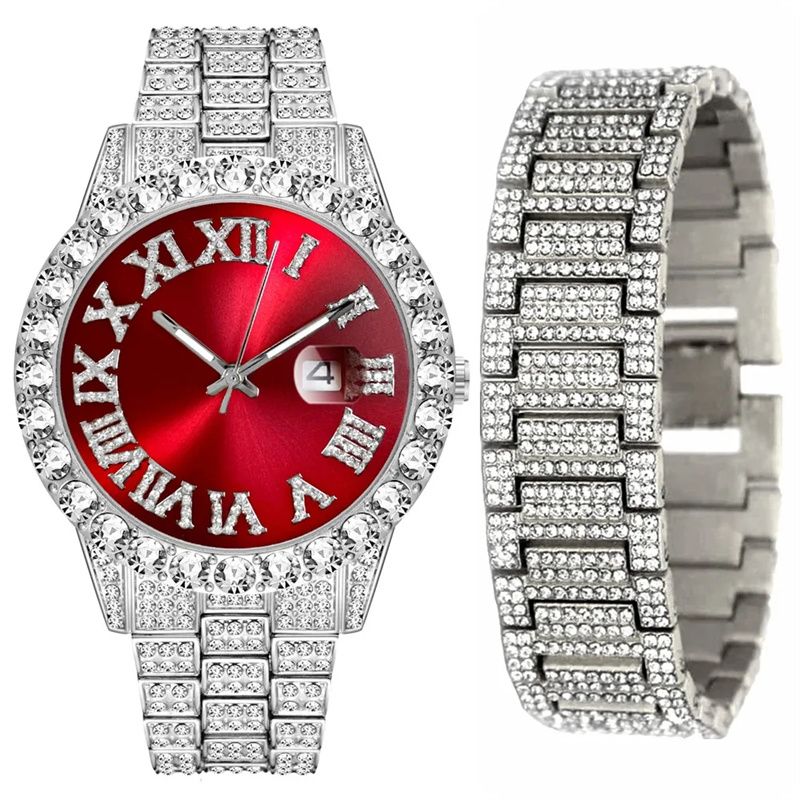 African-inspired Luxury Hip-Hop Men's Watch Set - Diamond-Accented Ice Watch & Cuban Link Bracelet