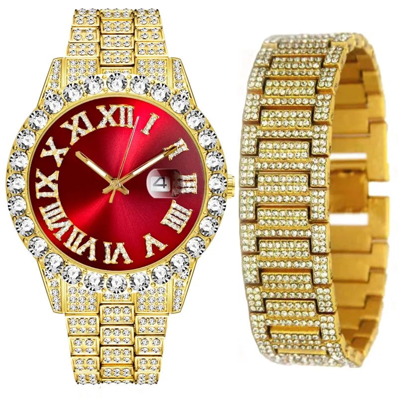 African-inspired Luxury Hip-Hop Men's Watch Set - Diamond-Accented Ice Watch & Cuban Link Bracelet