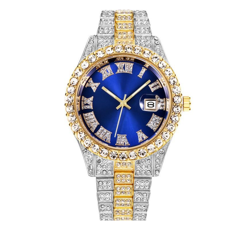 African-inspired Luxury Hip-Hop Men's Watch Set - Diamond-Accented Ice Watch & Cuban Link Bracelet