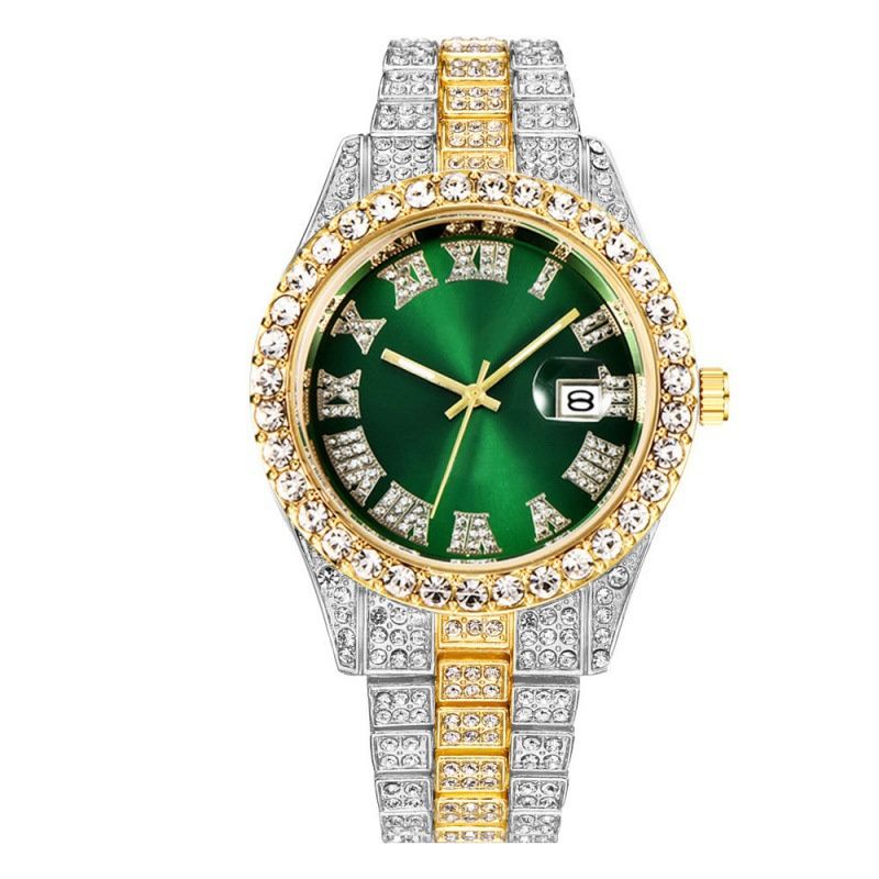 African-inspired Luxury Hip-Hop Men's Watch Set - Diamond-Accented Ice Watch & Cuban Link Bracelet