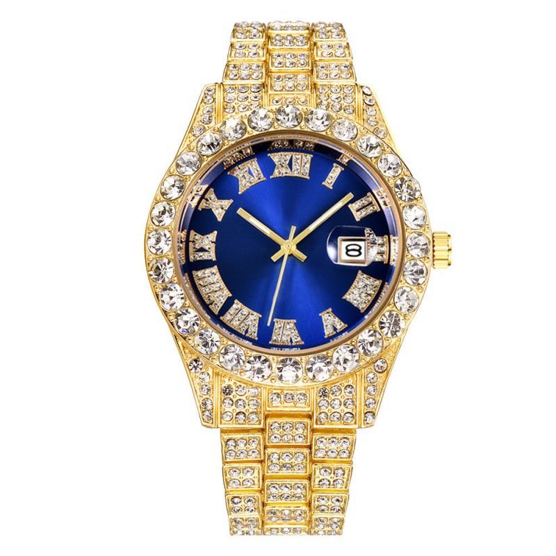 African-inspired Luxury Hip-Hop Men's Watch Set - Diamond-Accented Ice Watch & Cuban Link Bracelet