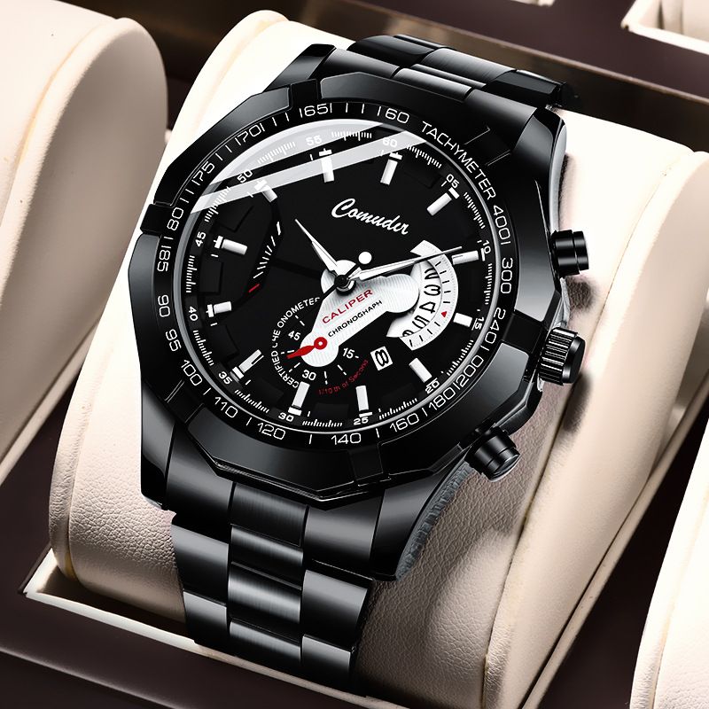 Premium Bold Men's Quartz Wristwatch — Stainless Steel Waterproof Luminous Calendar Watch for Business/Casual/Sports [Black/Gold/Silver | 45mm]‌