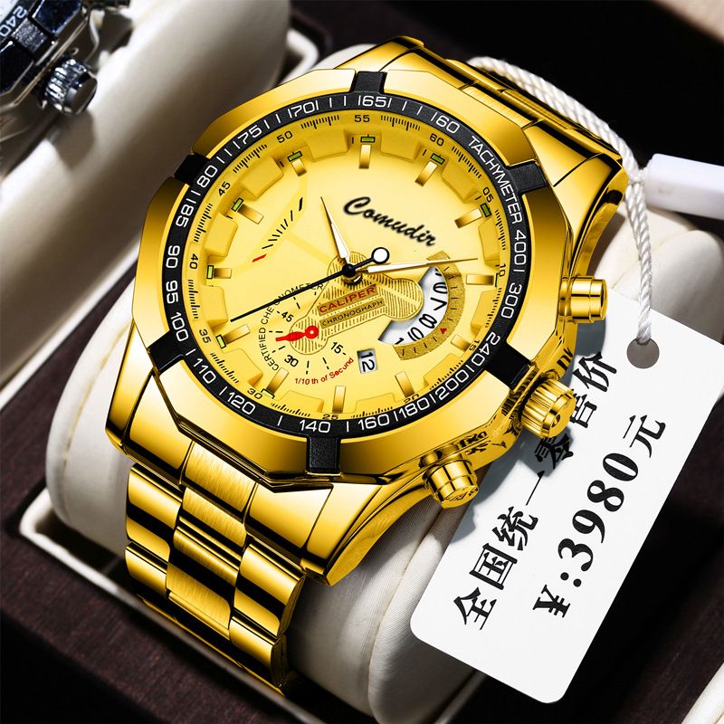 Premium Bold Men's Quartz Wristwatch — Stainless Steel Waterproof Luminous Calendar Watch for Business/Casual/Sports [Black/Gold/Silver | 45mm]‌