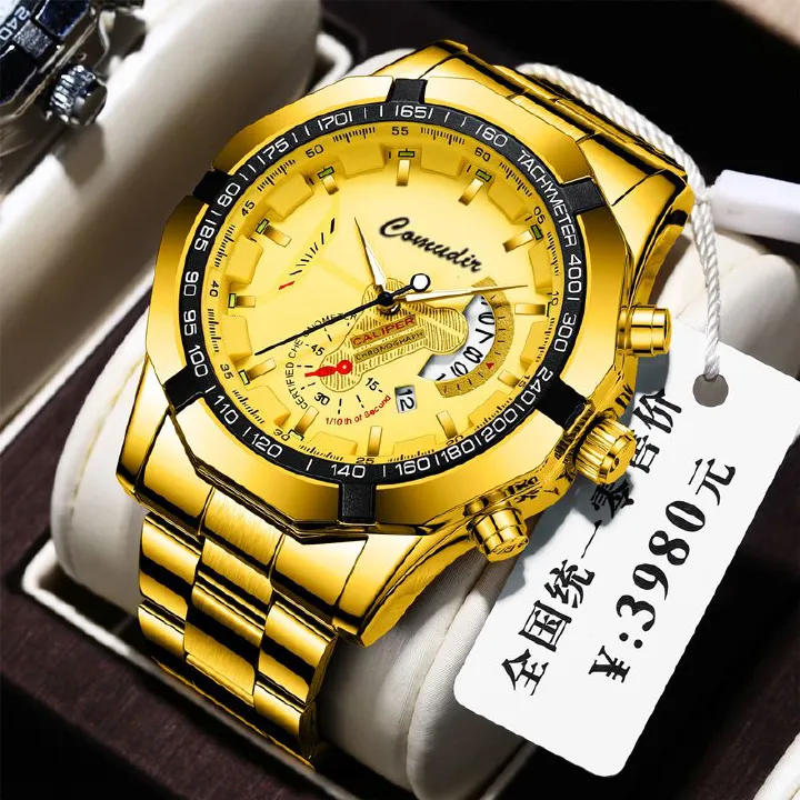 Premium Bold Men's Quartz Wristwatch — Stainless Steel Waterproof Luminous Calendar Watch for Business/Casual/Sports [Black/Gold/Silver | 45mm]‌
