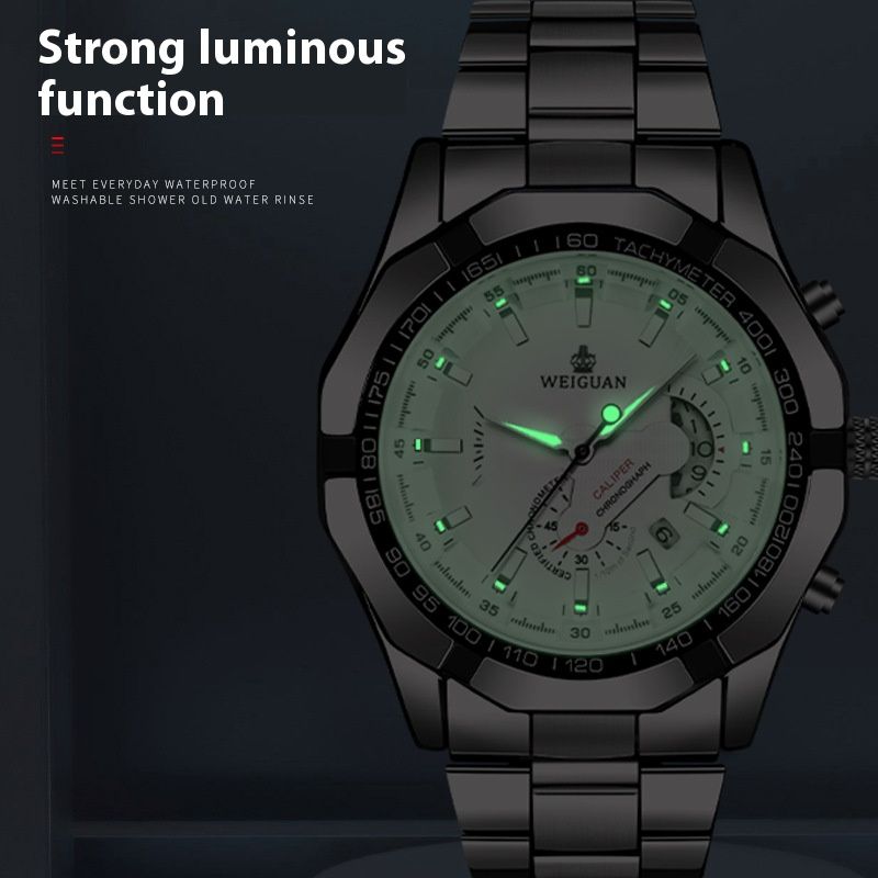 Premium Bold Men's Quartz Wristwatch — Stainless Steel Waterproof Luminous Calendar Watch for Business/Casual/Sports [Black/Gold/Silver | 45mm]‌