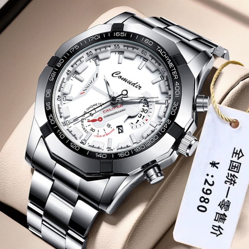 Premium Bold Men's Quartz Wristwatch — Stainless Steel Waterproof Luminous Calendar Watch for Business/Casual/Sports [Black/Gold/Silver | 45mm]‌