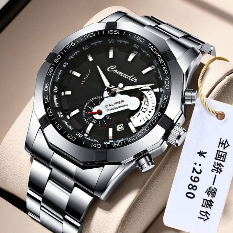 Premium Bold Men's Quartz Wristwatch — Stainless Steel Waterproof Luminous Calendar Watch for Business/Casual/Sports [Black/Gold/Silver | 45mm]‌
