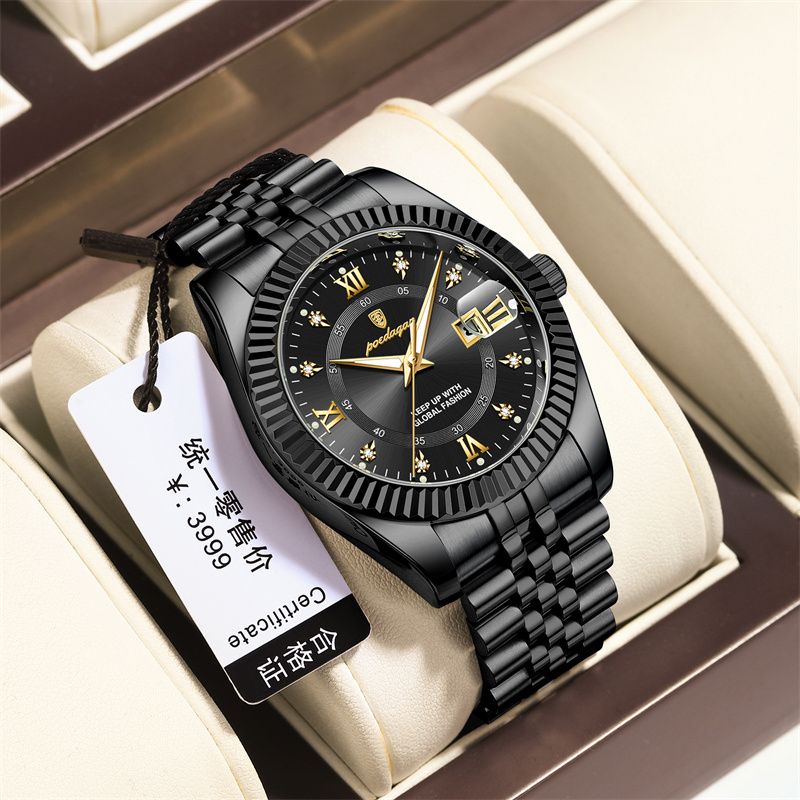 POEDAGAR New Swiss Luxury Men's Quartz Watch Stainless Steel Band Luminous Hands Calendar Waterproof Shockproof Rust Resistant Executive Formal Business Casual Elegant