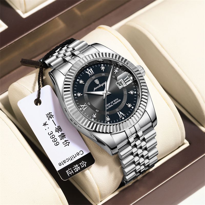 POEDAGAR New Swiss Luxury Men's Quartz Watch Stainless Steel Band Luminous Hands Calendar Waterproof Shockproof Rust Resistant Executive Formal Business Casual Elegant
