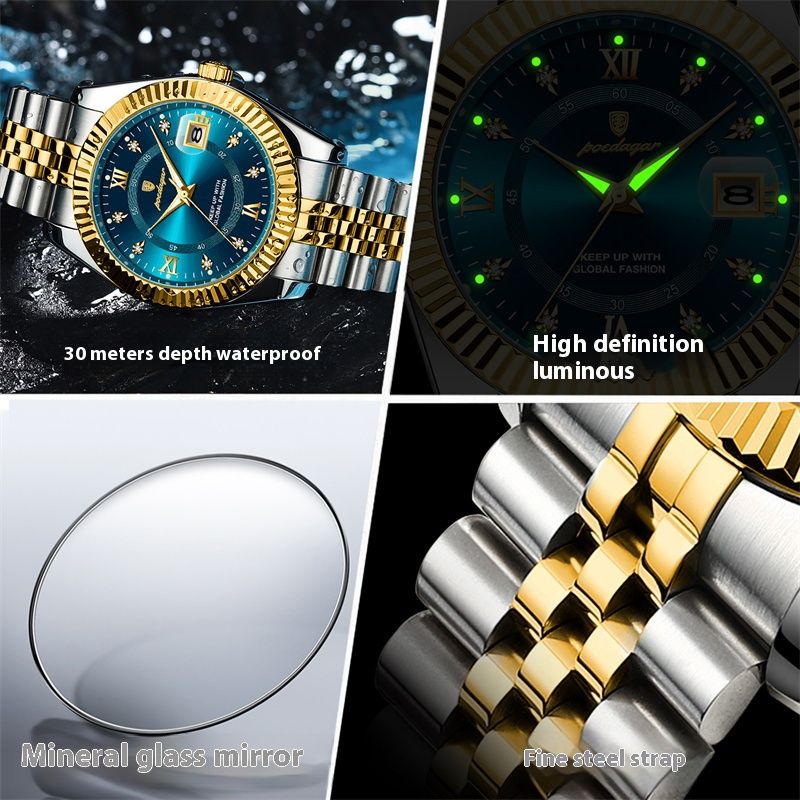 POEDAGAR New Swiss Luxury Men's Quartz Watch Stainless Steel Band Luminous Hands Calendar Waterproof Shockproof Rust Resistant Executive Formal Business Casual Elegant