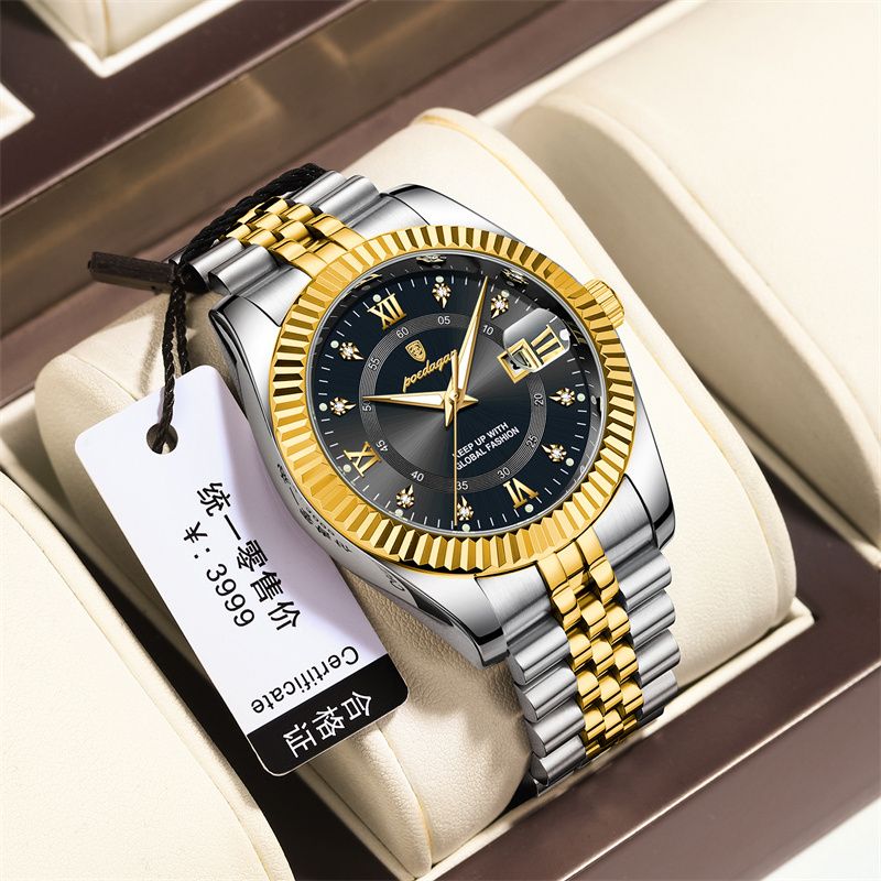 POEDAGAR New Swiss Luxury Men's Quartz Watch Stainless Steel Band Luminous Hands Calendar Waterproof Shockproof Rust Resistant Executive Formal Business Casual Elegant