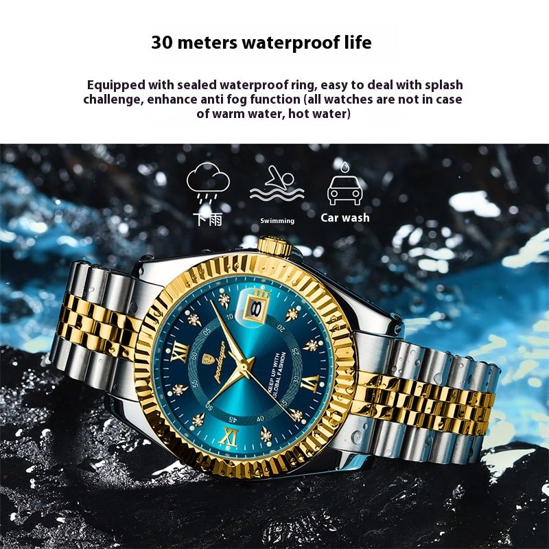 POEDAGAR New Swiss Luxury Men's Quartz Watch Stainless Steel Band Luminous Hands Calendar Waterproof Shockproof Rust Resistant Executive Formal Business Casual Elegant