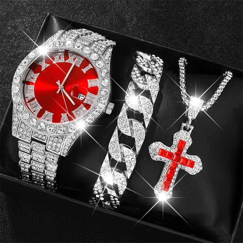3PCS Set European American Hot Selling  Hip-hop Fashion Men's Watch Jewelry Set Calendar Quartz Ice Watch Luxury Rhinestone Cuban Chain Bracelet Cross Pendant Necklace Rapper Popular Accessories