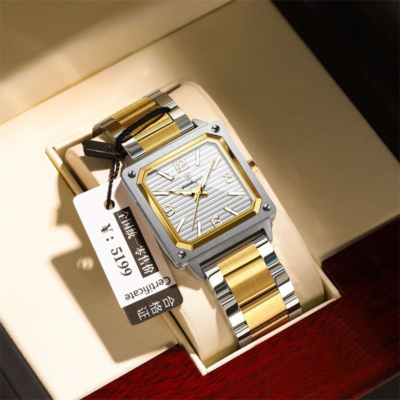 POEDAGAR New Design Luxury Swiss Men's Retro Square Quartz Watch Two-Tone Stainless Steel Waterproof Luminous Dial Rust Resistant Stylish Business Casual Wristwatch for African Modern Gentlemen