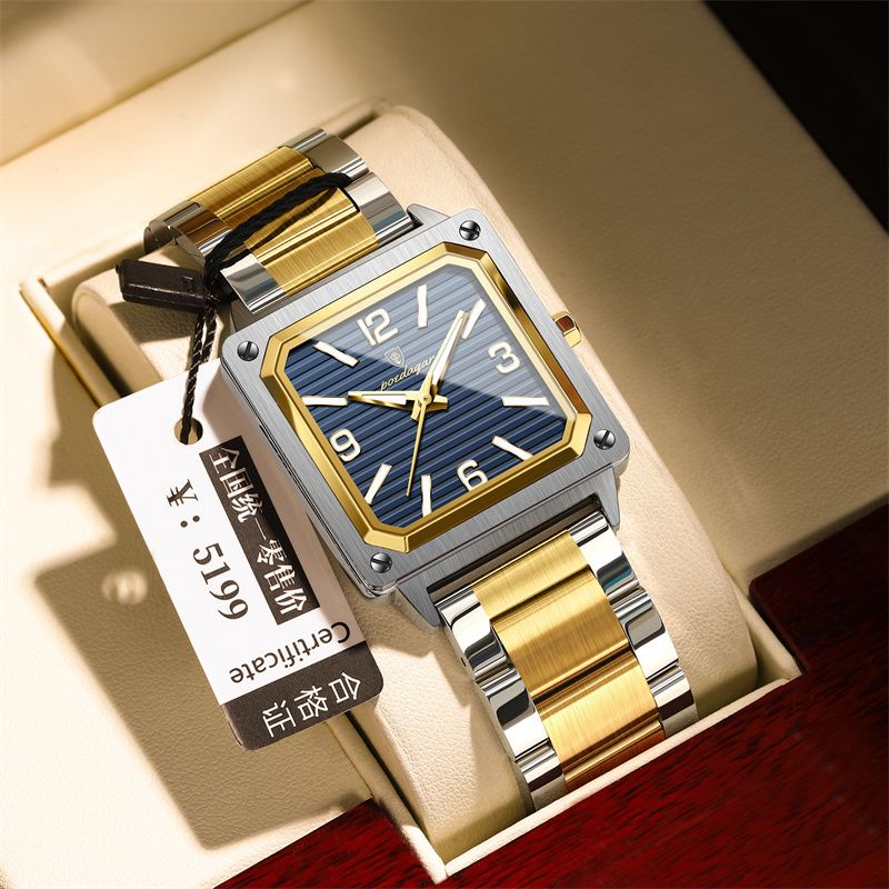 POEDAGAR New Design Luxury Swiss Men's Retro Square Quartz Watch Two-Tone Stainless Steel Waterproof Luminous Dial Rust Resistant Stylish Business Casual Wristwatch for African Modern Gentlemen