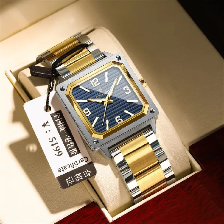 POEDAGAR New Design Luxury Swiss Men's Retro Square Quartz Watch Two-Tone Stainless Steel Waterproof Luminous Dial Rust Resistant Stylish Business Casual Wristwatch for African Modern Gentlemen