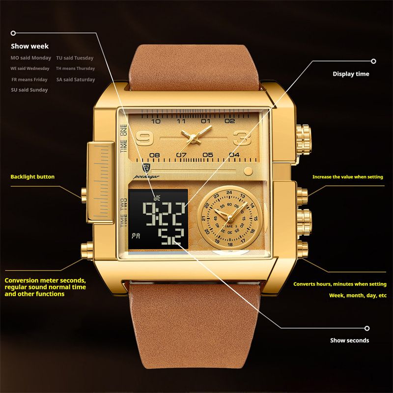 POEDAGAR New Swiss Luxury Men's Quartz Chronograph Digital-Analog Dual Display Watch Waterproof Luminous Calendar Square Oversized Dial Leather Strap Modern Professional Sports Timepiece