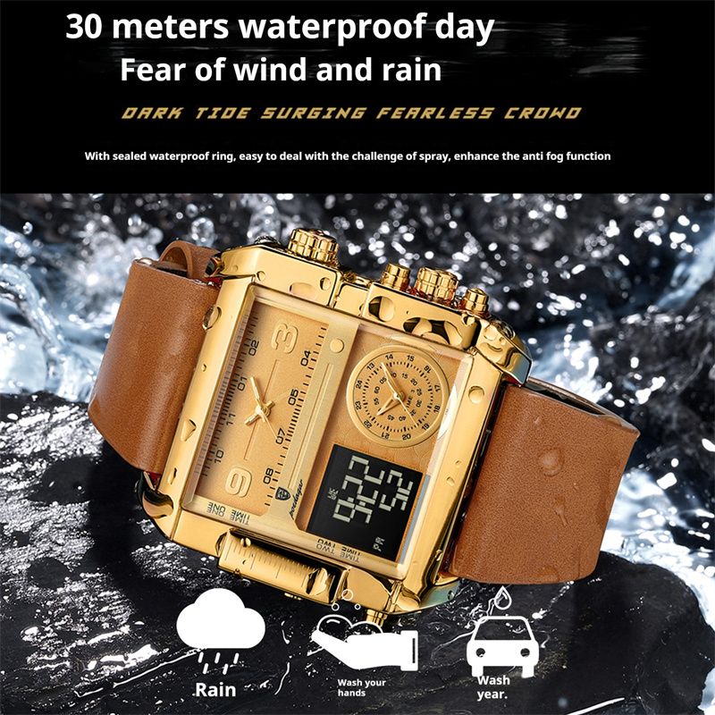 POEDAGAR New Swiss Luxury Men's Quartz Chronograph Digital-Analog Dual Display Watch Waterproof Luminous Calendar Square Oversized Dial Leather Strap Modern Professional Sports Timepiece