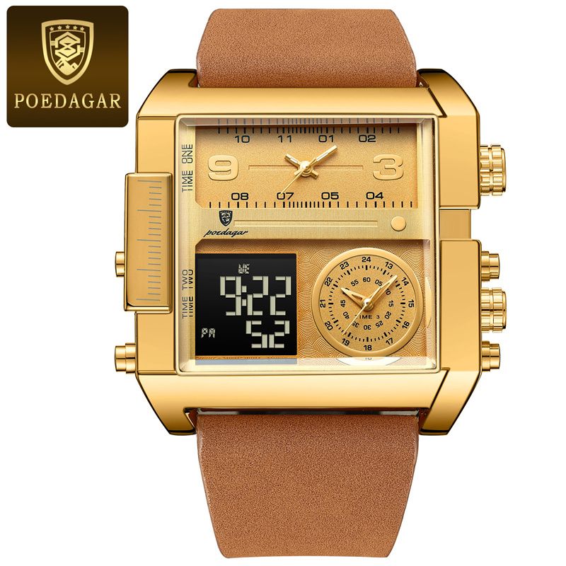 POEDAGAR New Swiss Luxury Men's Quartz Chronograph Digital-Analog Dual Display Watch Waterproof Luminous Calendar Square Oversized Dial Leather Strap Modern Professional Sports Timepiece