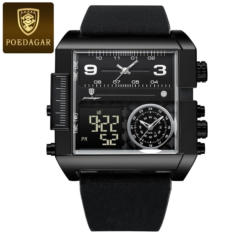POEDAGAR New Swiss Luxury Men's Quartz Chronograph Digital-Analog Dual Display Watch Waterproof Luminous Calendar Square Oversized Dial Leather Strap Modern Professional Sports Timepiece