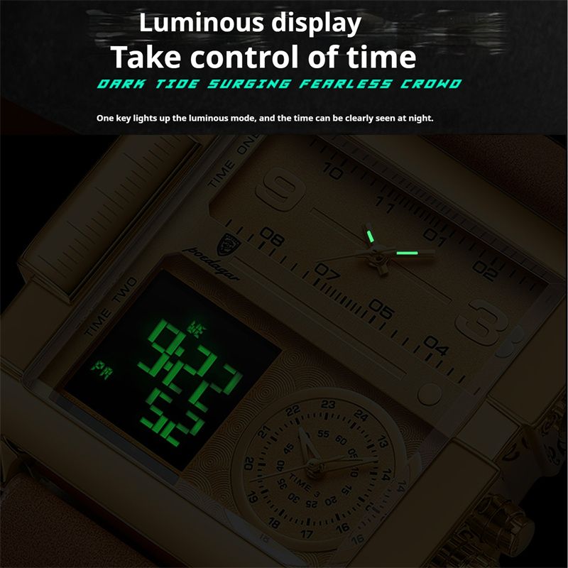 POEDAGAR New Swiss Luxury Men's Quartz Chronograph Digital-Analog Dual Display Watch Waterproof Luminous Calendar Square Oversized Dial Leather Strap Modern Professional Sports Timepiece