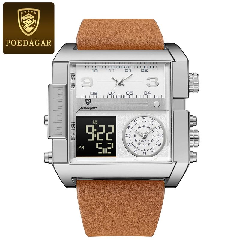 POEDAGAR New Swiss Luxury Men's Quartz Chronograph Digital-Analog Dual Display Watch Waterproof Luminous Calendar Square Oversized Dial Leather Strap Modern Professional Sports Timepiece
