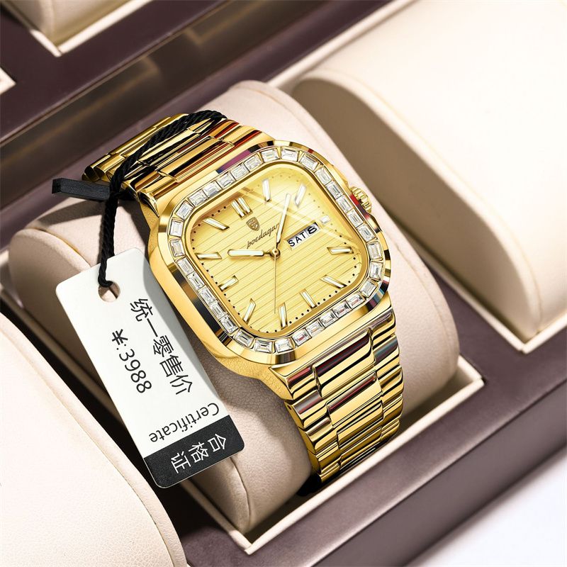 Swiss Brand Premium Diamond-Studded Men's Watch - Double Calendar Waterproof Luminous Quartz Chronograph with Square Dial & Stainless Steel Strap | Ultimate Fashion & Prestige
