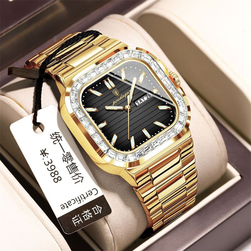 Swiss Brand Premium Diamond-Studded Men's Watch - Double Calendar Waterproof Luminous Quartz Chronograph with Square Dial & Stainless Steel Strap | Ultimate Fashion & Prestige