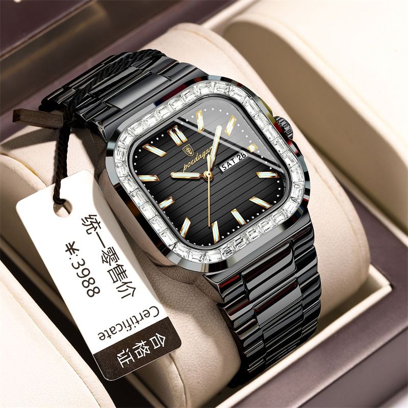 Swiss Brand Premium Diamond-Studded Men's Watch - Double Calendar Waterproof Luminous Quartz Chronograph with Square Dial & Stainless Steel Strap | Ultimate Fashion & Prestige
