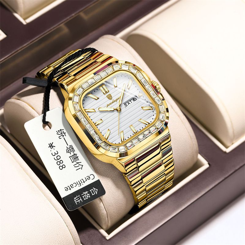 Swiss Brand Premium Diamond-Studded Men's Watch - Double Calendar Waterproof Luminous Quartz Chronograph with Square Dial & Stainless Steel Strap | Ultimate Fashion & Prestige