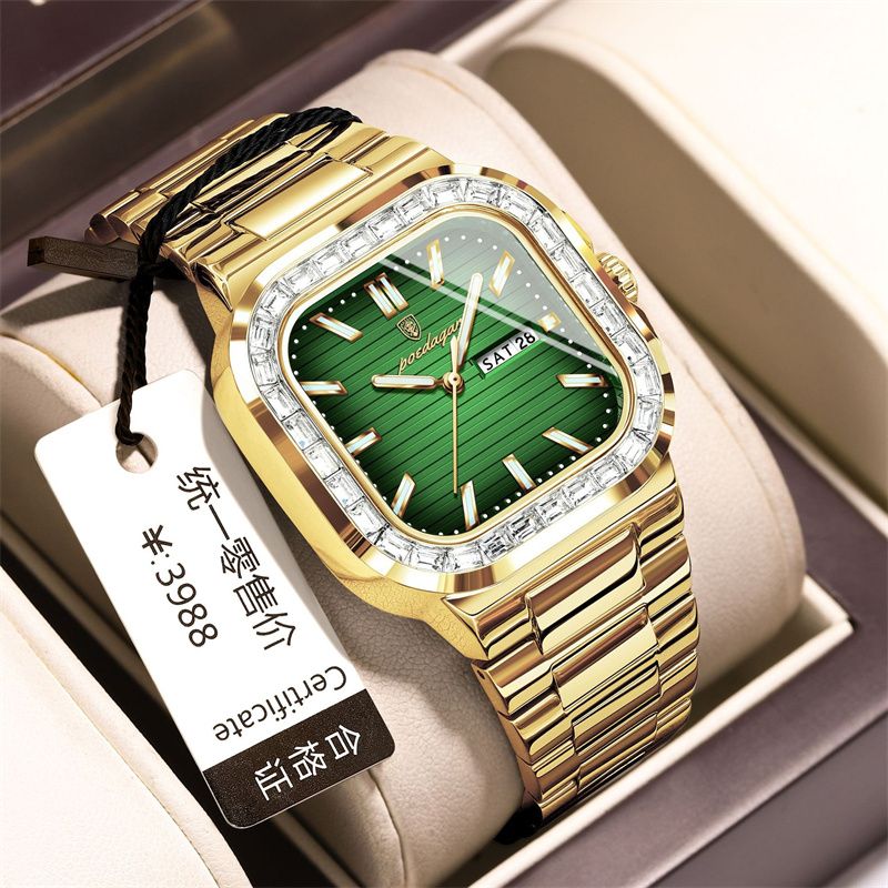 Swiss Brand Premium Diamond-Studded Men's Watch - Double Calendar Waterproof Luminous Quartz Chronograph with Square Dial & Stainless Steel Strap | Ultimate Fashion & Prestige