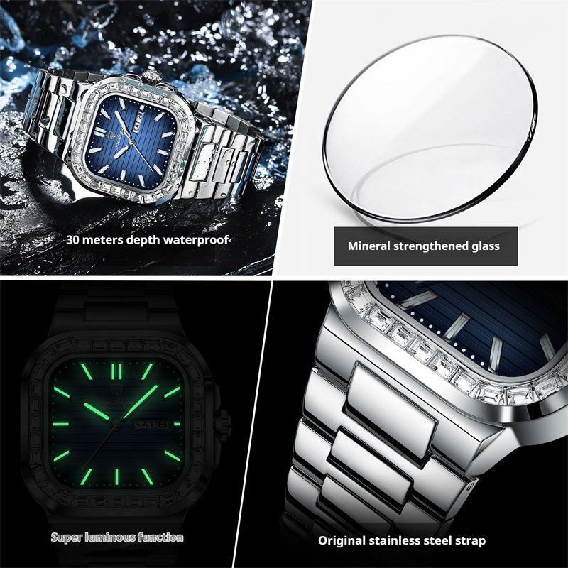 Swiss Brand Premium Diamond-Studded Men's Watch - Double Calendar Waterproof Luminous Quartz Chronograph with Square Dial & Stainless Steel Strap | Ultimate Fashion & Prestige