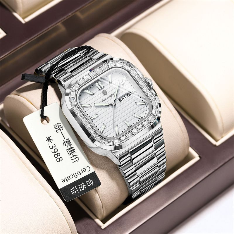 Swiss Brand Premium Diamond-Studded Men's Watch - Double Calendar Waterproof Luminous Quartz Chronograph with Square Dial & Stainless Steel Strap | Ultimate Fashion & Prestige