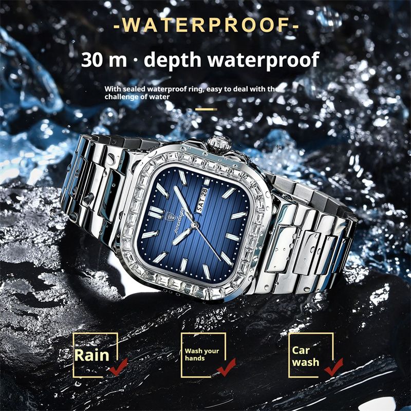 Swiss Brand Premium Diamond-Studded Men's Watch - Double Calendar Waterproof Luminous Quartz Chronograph with Square Dial & Stainless Steel Strap | Ultimate Fashion & Prestige