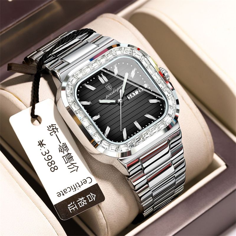 Swiss Brand Premium Diamond-Studded Men's Watch - Double Calendar Waterproof Luminous Quartz Chronograph with Square Dial & Stainless Steel Strap | Ultimate Fashion & Prestige