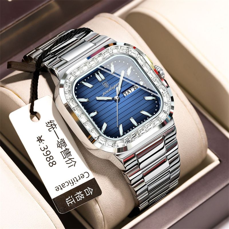 Swiss Brand Premium Diamond-Studded Men's Watch - Double Calendar Waterproof Luminous Quartz Chronograph with Square Dial & Stainless Steel Strap | Ultimate Fashion & Prestige