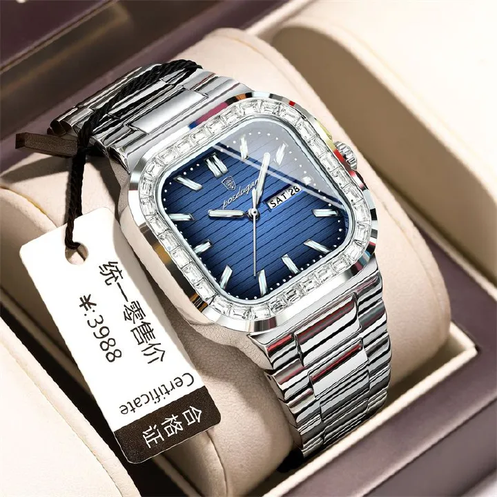 Swiss Brand Premium Diamond-Studded Men's Watch - Double Calendar Waterproof Luminous Quartz Chronograph with Square Dial & Stainless Steel Strap | Ultimate Fashion & Prestige