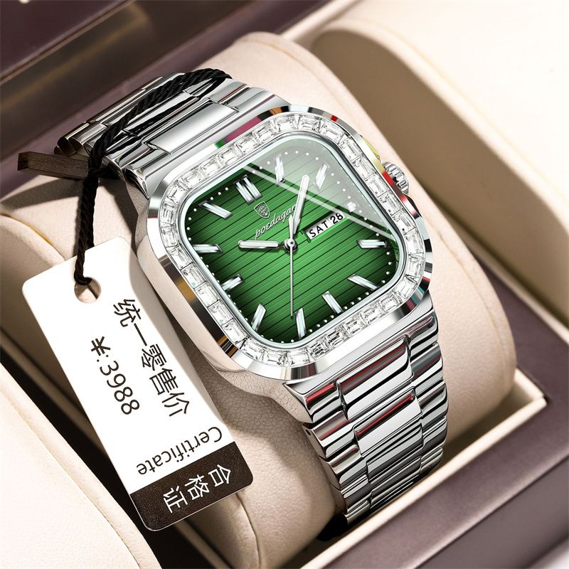 Swiss Brand Premium Diamond-Studded Men's Watch - Double Calendar Waterproof Luminous Quartz Chronograph with Square Dial & Stainless Steel Strap | Ultimate Fashion & Prestige
