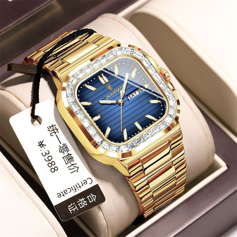 Swiss Brand Premium Diamond-Studded Men's Watch - Double Calendar Waterproof Luminous Quartz Chronograph with Square Dial & Stainless Steel Strap | Ultimate Fashion & Prestige