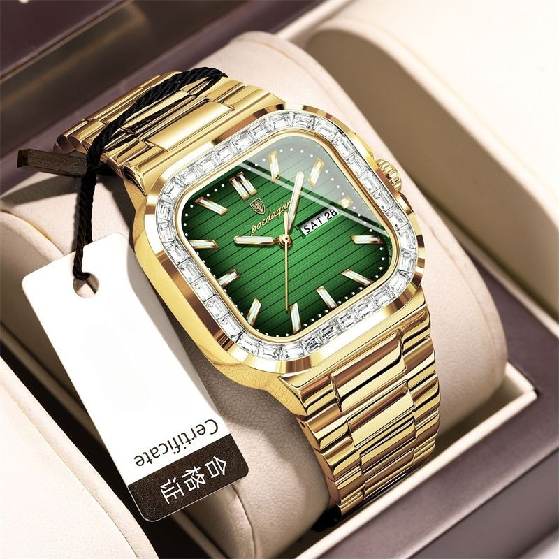 Swiss Brand Premium Diamond-Studded Men's Watch - Double Calendar Waterproof Luminous Quartz Chronograph with Square Dial & Stainless Steel Strap | Ultimate Fashion & Prestige