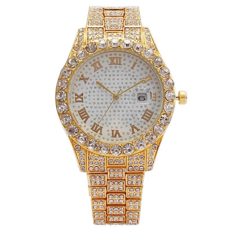 EU/US Hot Selling Men's Hip-Hop Bling Set: Iced Out Quartz Watch, Cuban Chain Bracelet, Cross Pendant Necklace & Diamond Ring | Rapper Luxury Accessories