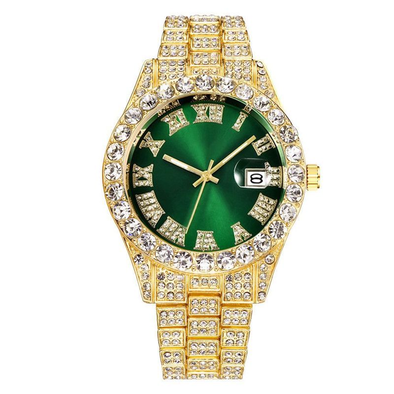 EU/US Hot Selling Men's Hip-Hop Bling Set: Iced Out Quartz Watch, Cuban Chain Bracelet, Cross Pendant Necklace & Diamond Ring | Rapper Luxury Accessories