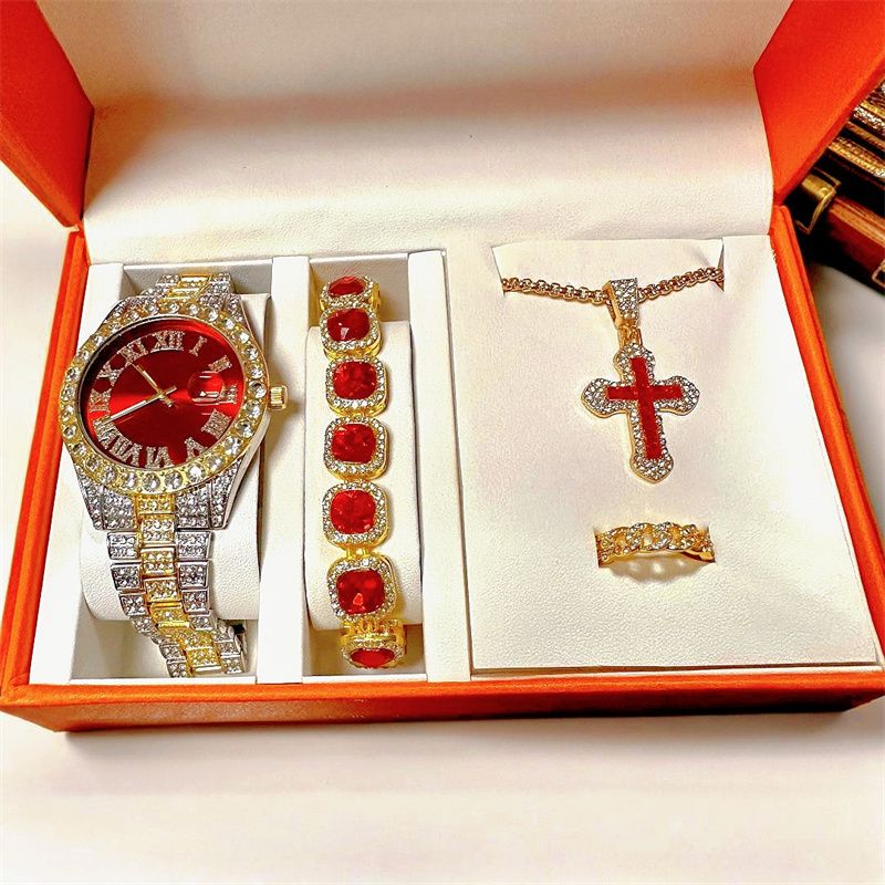 EU/US Hot Selling Men's Hip-Hop Bling Set: Iced Out Quartz Watch, Cuban Chain Bracelet, Cross Pendant Necklace & Diamond Ring | Rapper Luxury Accessories