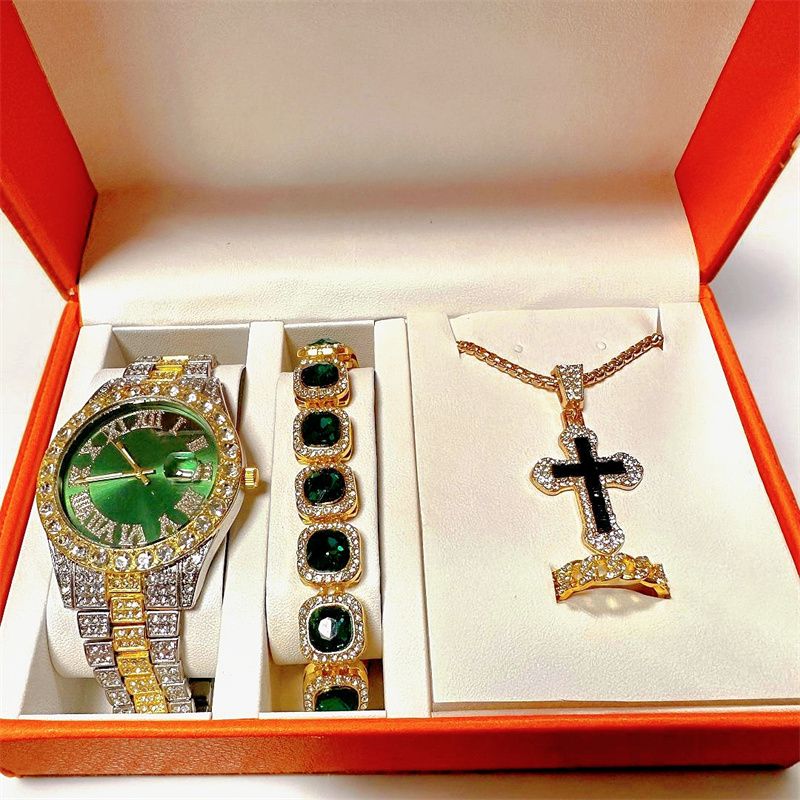 EU/US Hot Selling Men's Hip-Hop Bling Set: Iced Out Quartz Watch, Cuban Chain Bracelet, Cross Pendant Necklace & Diamond Ring | Rapper Luxury Accessories