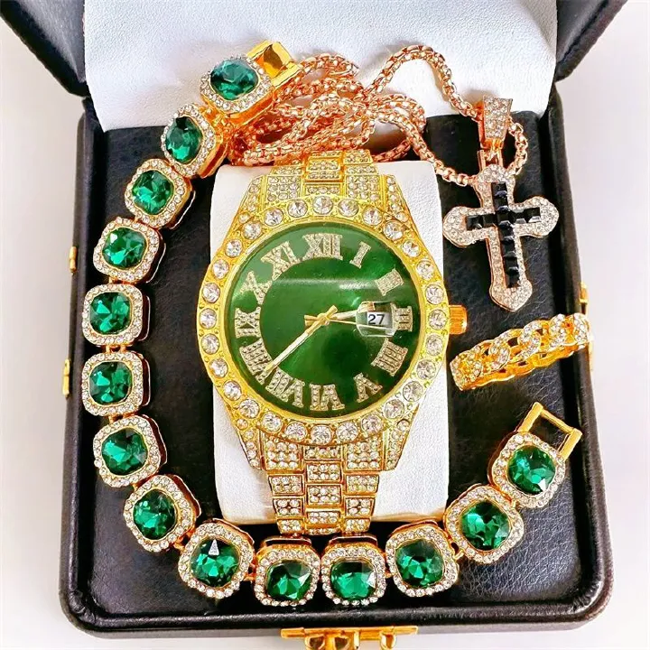 EU/US Hot Selling Men's Hip-Hop Bling Set: Iced Out Quartz Watch, Cuban Chain Bracelet, Cross Pendant Necklace & Diamond Ring | Rapper Luxury Accessories