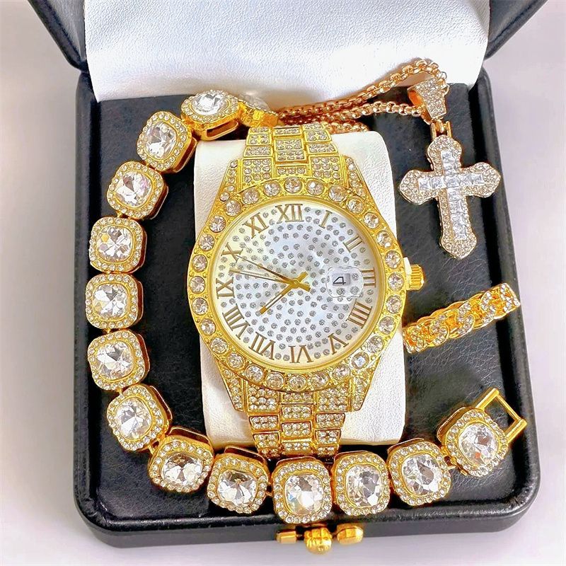 EU/US Hot Selling Men's Hip-Hop Bling Set: Iced Out Quartz Watch, Cuban Chain Bracelet, Cross Pendant Necklace & Diamond Ring | Rapper Luxury Accessories