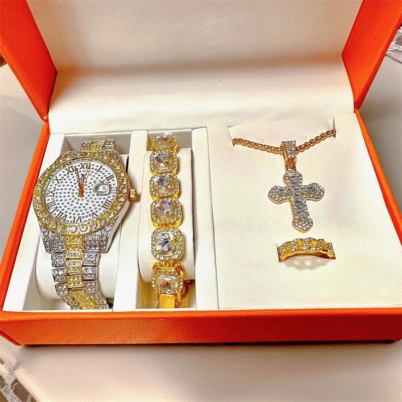 EU/US Hot Selling Men's Hip-Hop Bling Set: Iced Out Quartz Watch, Cuban Chain Bracelet, Cross Pendant Necklace & Diamond Ring | Rapper Luxury Accessories