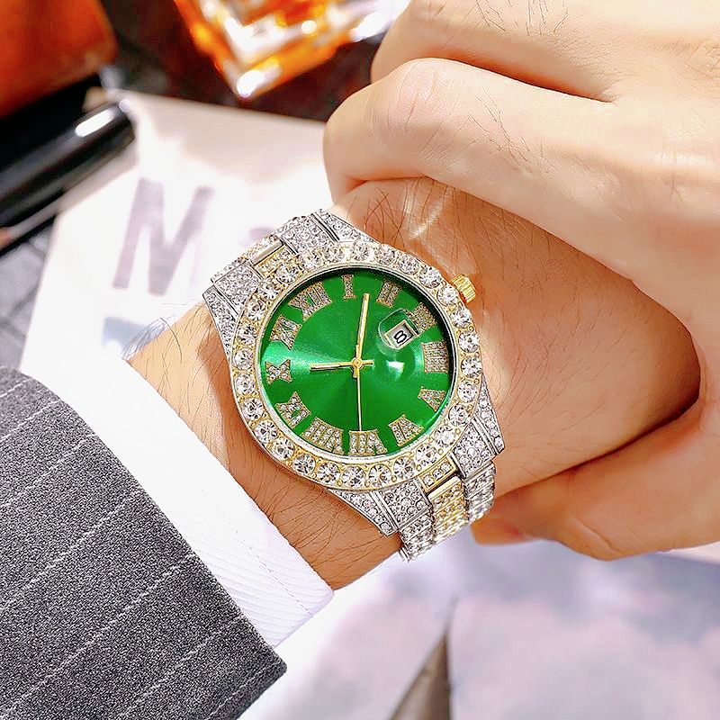 EU/US Hot Selling Men's Hip-Hop Bling Set: Iced Out Quartz Watch, Cuban Chain Bracelet, Cross Pendant Necklace & Diamond Ring | Rapper Luxury Accessories